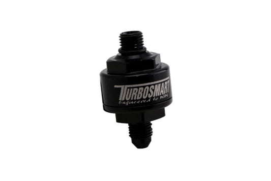 Turbosmart Billet Turbo Oil Feed Filter with 44 micron pleated disk stainless steel washable screen filter.  AN-4 male to AN-4 ORB- Black