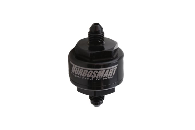 Turbosmart Billet Turbo Oil Feed Filter with 44 micron pleated disk stainless steel washable screen filter.  AN-4 male inlet and outlet - Black