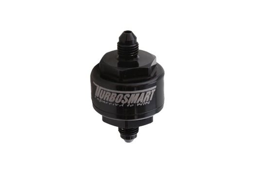 Turbosmart Billet Turbo Oil Feed Filter with 44 micron pleated disk stainless steel washable screen filter.  AN-4 male inlet and outlet - Black